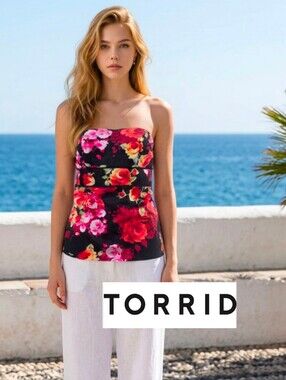 Torrid Black Floral Strapless Camisole with Red & Pink Blooms 2